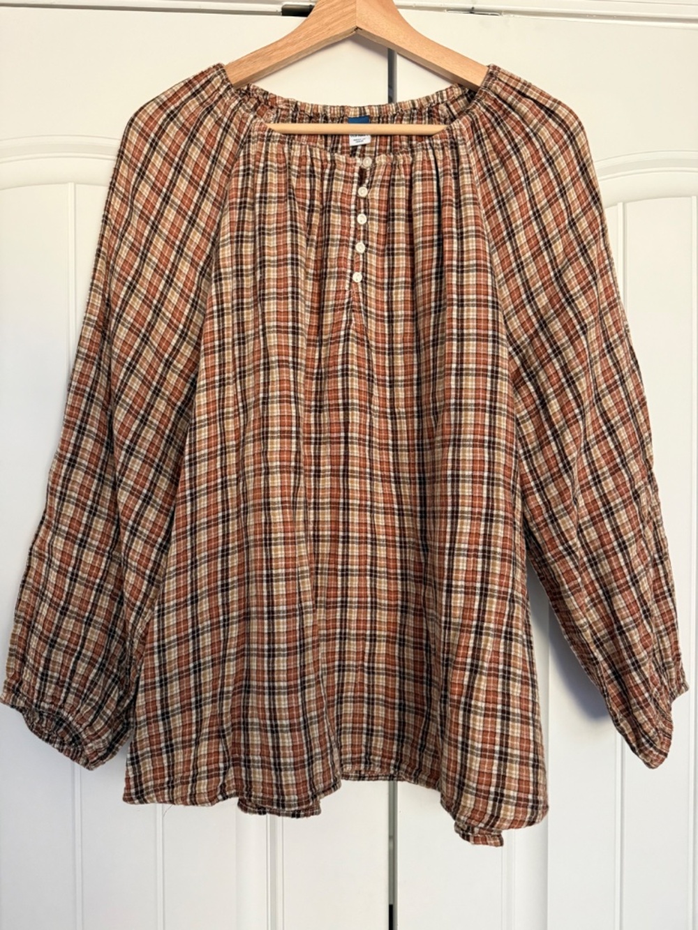 Old Navy XL Plaid Peasant Blouse Brown Cotton Balloon Sleeve Boho Top